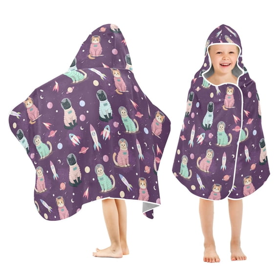 Yayeee Kids Hooded Towel with Hand Pockets Beach Soft Absorbent Bath Wrap 50 x 23.5 inch, Purple Space Cat Pattern
