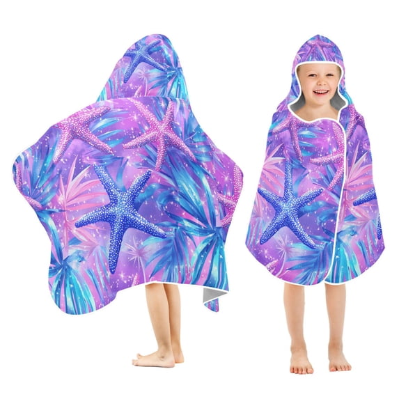 Yayeee Kids Hooded Towel with Hand Pockets Beach Soft Absorbent Bath Wrap 50 x 23.5 inch, Purple Starfish Pattern