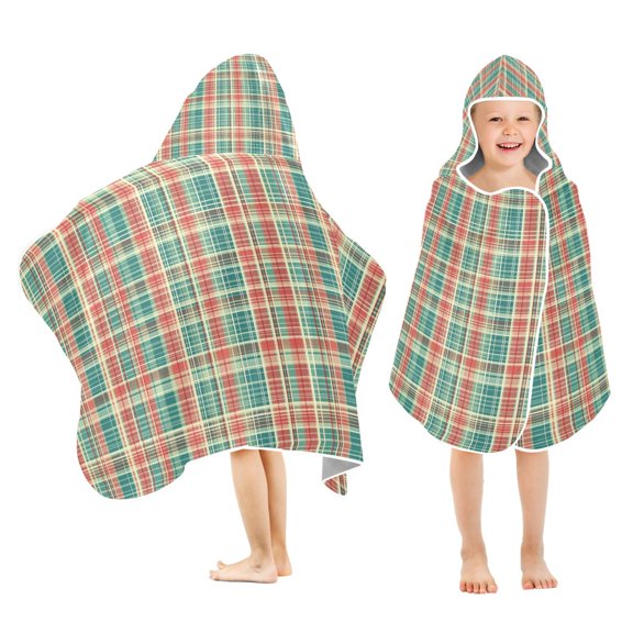 Yayeee Kids Hooded Towel with Hand Pockets Beach Soft Absorbent Bath Wrap 50 x 23.5 inch, Red Green Tartan Pattern