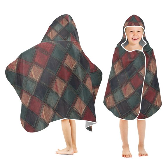 Yayeee Kids Hooded Towel with Hand Pockets Beach Soft Absorbent Bath Wrap 50 x 23.5 inch, Red Tartan Pattern