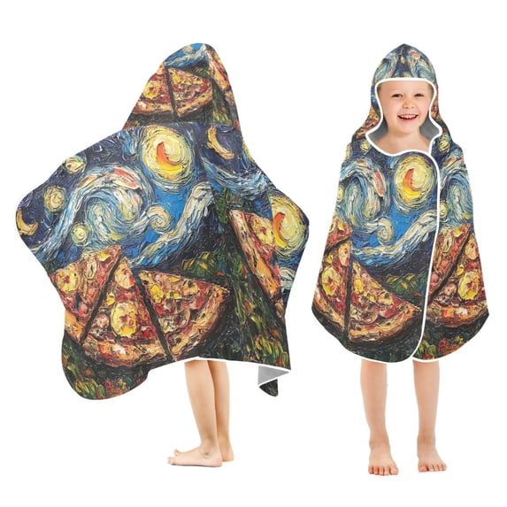 Yayeee Kids Hooded Towel with Hand Pockets Beach Soft Absorbent Bath Wrap 50 x 23.5 inch, Starry Pizza