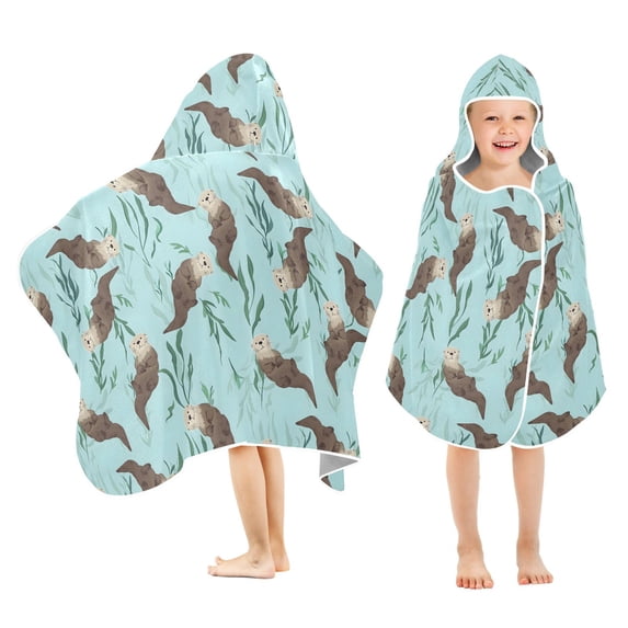 Yayeee Kids Hooded Towel with Hand Pockets Beach Soft Absorbent Bath Wrap 50 x 23.5 inch, Swimming Otters Pattern