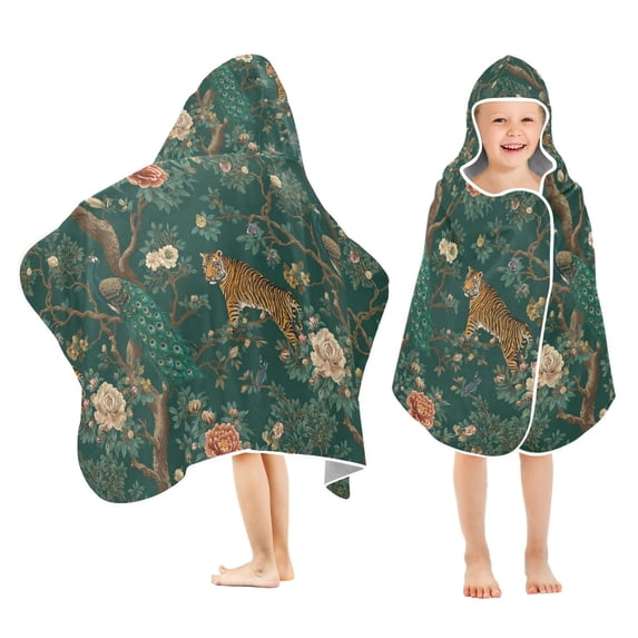 Yayeee Kids Hooded Towel with Hand Pockets Beach Soft Absorbent Bath Wrap 50 x 23.5 inch, Tiger and Peacock Pattern