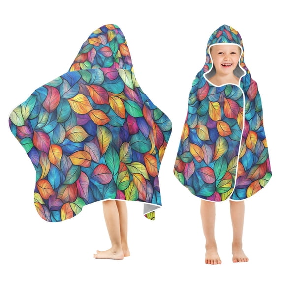 Yayeee Kids Hooded Towel with Hand Pockets Beach Soft Absorbent Bath Wrap 50 x 23.5 inch, Vibrant Art Leaves Pattern
