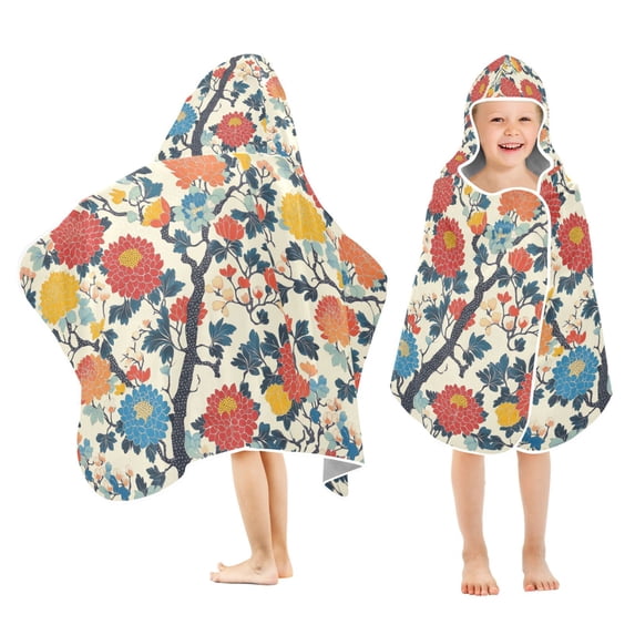 Yayeee Kids Hooded Towel with Hand Pockets Beach Soft Absorbent Bath Wrap 50 x 23.5 inch, Vibrant Japanese Flowers
