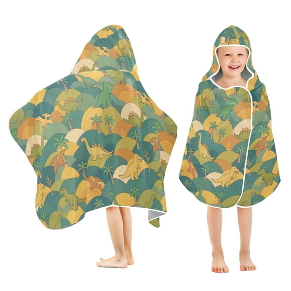 Yayeee Kids Hooded Towel with Hand Pockets Beach Soft Absorbent Bath Wrap 50 x 23.5 inch, Whimsical Dinosaur Pattern