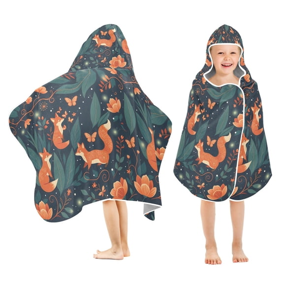 Yayeee Kids Hooded Towel with Hand Pockets Beach Soft Absorbent Bath Wrap 50 x 23.5 inch, Whimsical Foxes Pattern