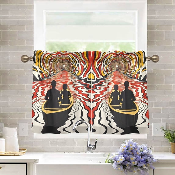 Yayeee Kitchen Curtains Tier Pair Light Filtering 27"x24" Rod Pocket Short Cafe Window Panel, Abstract Boat Ride