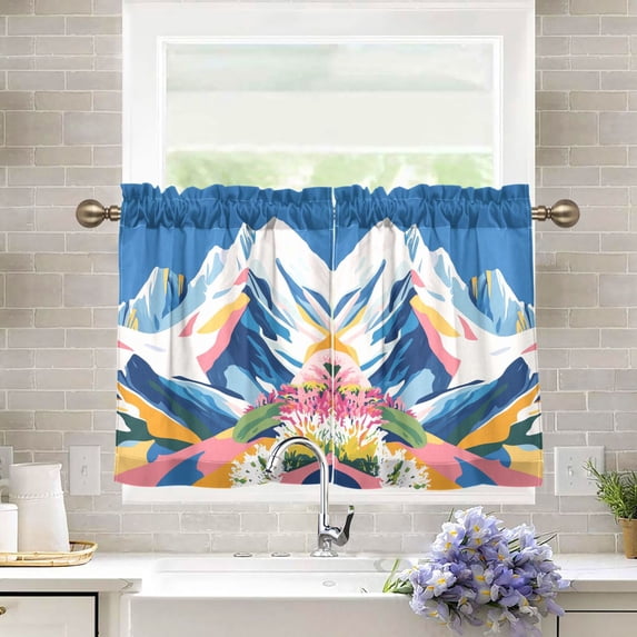 Yayeee Kitchen Curtains Tier Pair Light Filtering 27"x24" Rod Pocket Short Cafe Window Panel, Abstract Snow Mountain