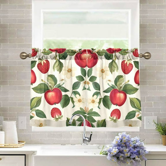 Yayeee Kitchen Curtains Tier Pair Light Filtering 27"x24" Rod Pocket Short Cafe Window Panel, Apple Leaves Pattern