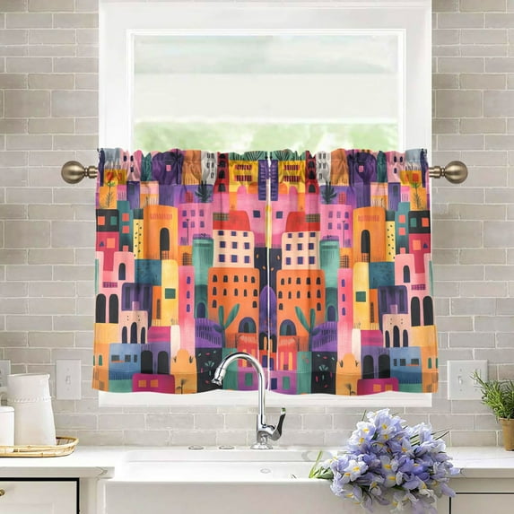 Yayeee Kitchen Curtains Tier Pair Light Filtering 27"x24" Rod Pocket Short Cafe Window Panel, Art Buildings