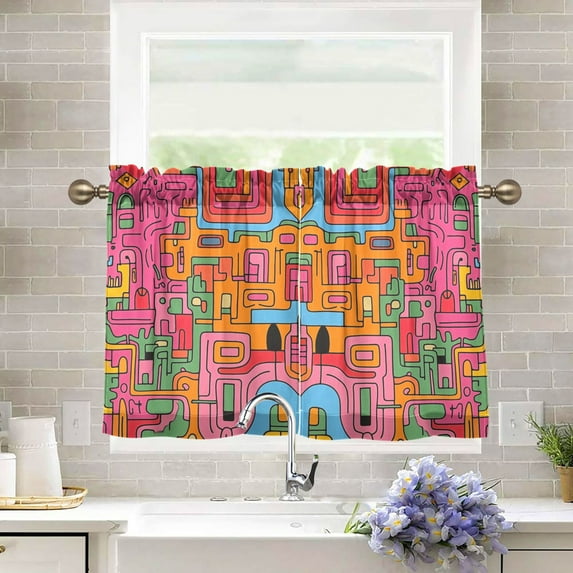 Yayeee Kitchen Curtains Tier Pair Light Filtering 27"x24" Rod Pocket Short Cafe Window Panel, Art City