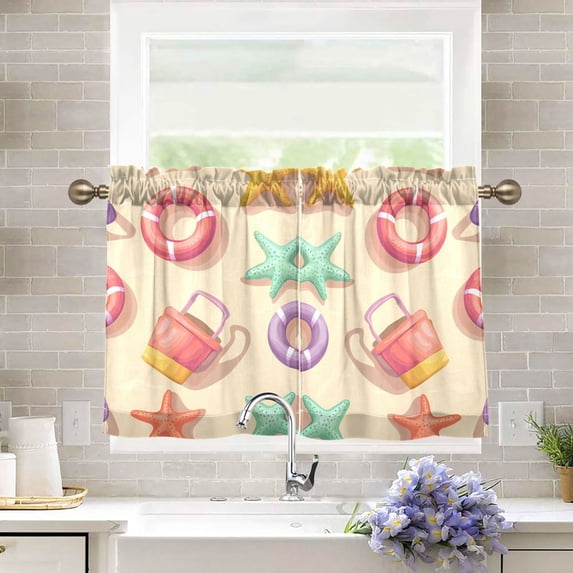 Yayeee Kitchen Curtains Tier Pair Light Filtering 27"x24" Rod Pocket Short Cafe Window Panel, Beach Toys Pattern