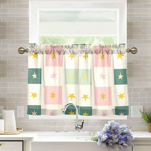 Yayeee Kitchen Curtains Tier Pair Light Filtering 27"x24" Rod Pocket Short Cafe Window Panel, Beige Abstract