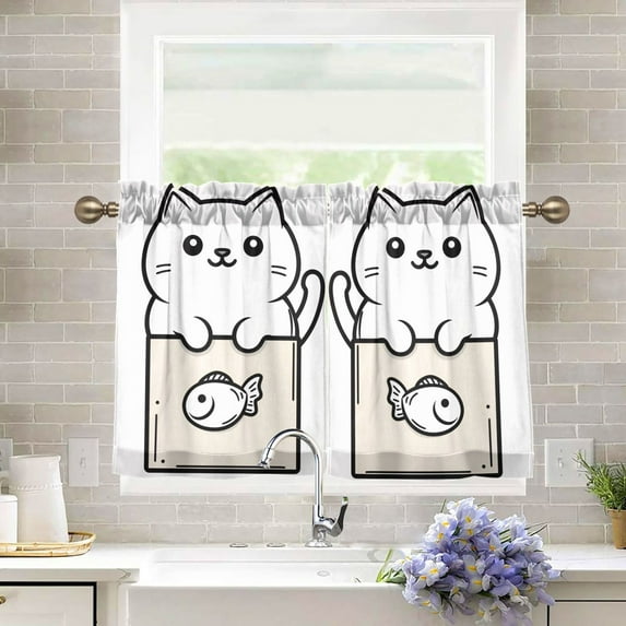 Yayeee Kitchen Curtains Light Filtering 27"x24" Rod Pocket Short Cafe Window Panel, Beige Chubby Cat