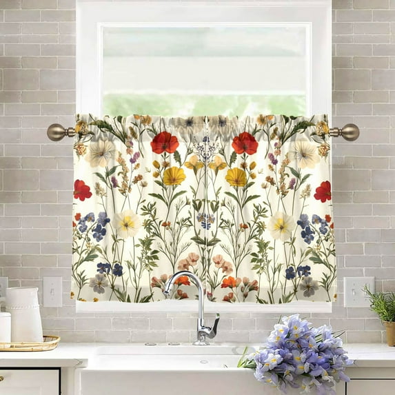 Yayeee Kitchen Curtains Tier Pair Light Filtering 27"x24" Rod Pocket Short Cafe Window Panel, Beige Floral
