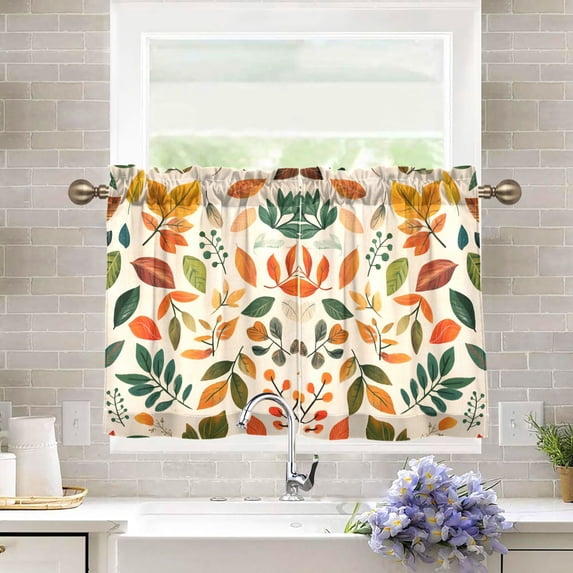 Yayeee Kitchen Curtains Tier Pair Light Filtering 27"x24" Rod Pocket Short Cafe Window Panel, Beige Retro Leaves