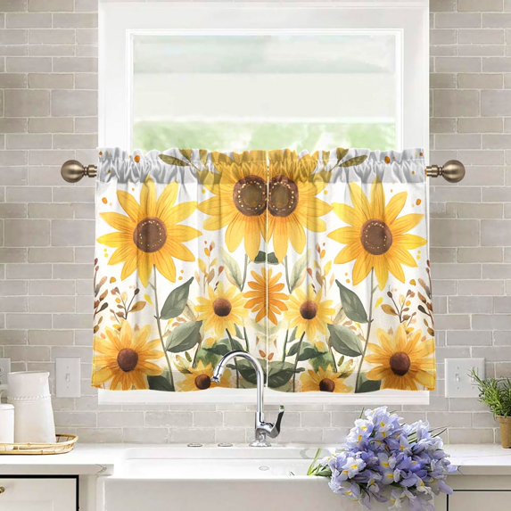 Yayeee Kitchen Curtains Tier Pair Light Filtering 27"x24" Rod Pocket Short Cafe Window Panel, Beige Sunflowers