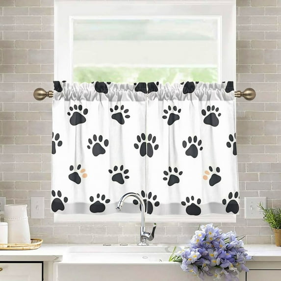 Yayeee Kitchen Curtains Tier Pair Light Filtering 27"x24" Rod Pocket Short Cafe Window Panel, Black Cartoon Cat Paw