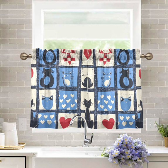 Yayeee Kitchen Curtains Tier Pair Light Filtering 27"x24" Rod Pocket Short Cafe Window Panel, Black Cats and Hearts