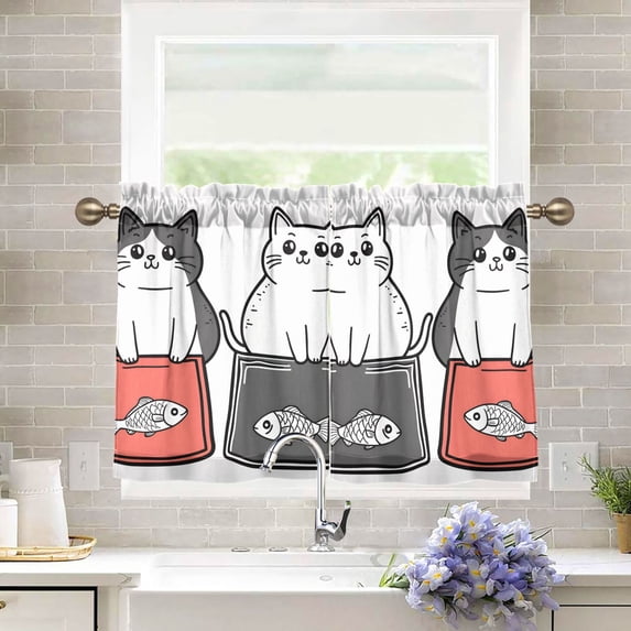Yayeee Kitchen Curtains Tier Pair Light Filtering 27"x24" Rod Pocket Short Cafe Window Panel, Black Chubby Cat