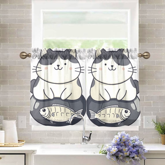 Yayeee Kitchen Curtains Tier Pair Light Filtering 27"x24" Rod Pocket Short Cafe Window Panel, Black Cute Cat