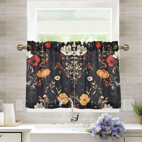 Yayeee Kitchen Curtains Tier Pair Light Filtering 27"x24" Rod Pocket Short Cafe Window Panel, Black Floral Pattern