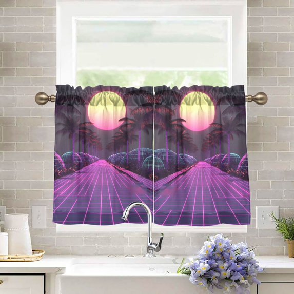 Yayeee Kitchen Curtains Tier Pair Light Filtering 27"x24" Rod Pocket Short Cafe Window Panel, Black Neon Road