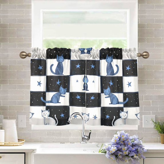 Yayeee Kitchen Curtains Tier Pair Light Filtering 27"x24" Rod Pocket Short Cafe Window Panel, Blue Cat Stars
