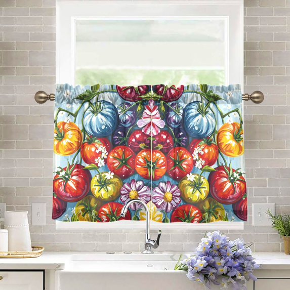 Yayeee Kitchen Curtains Tier Pair Light Filtering 27"x24" Rod Pocket Short Cafe Window Panel, Blue Floral Tomatoes