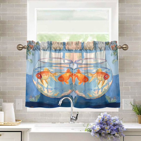 Yayeee Kitchen Curtains Tier Pair Light Filtering 27"x24" Rod Pocket Short Cafe Window Panel, Blue Goldfish