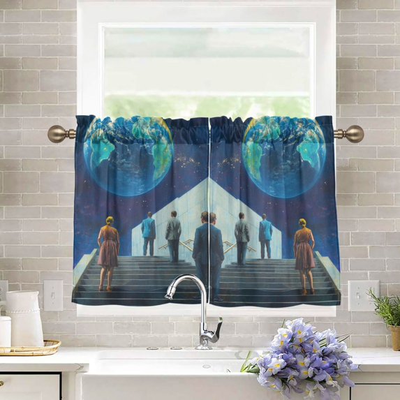 Yayeee Kitchen Curtains Tier Pair Light Filtering 27"x24" Rod Pocket Short Cafe Window Panel, Blue Planet