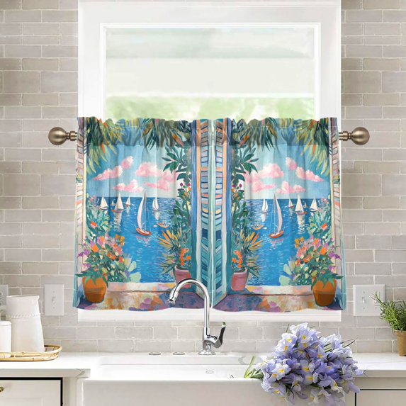 Yayeee Kitchen Curtains Tier Pair Light Filtering 27"x24" Rod Pocket Short Cafe Window Panel, Blue Sea
