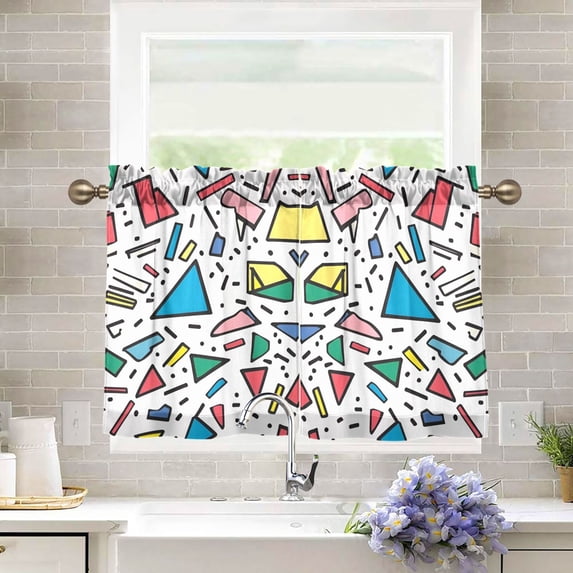 Yayeee Kitchen Curtains Tier Pair Light Filtering 27"x24" Rod Pocket Short Cafe Window Panel, Blue Triangles