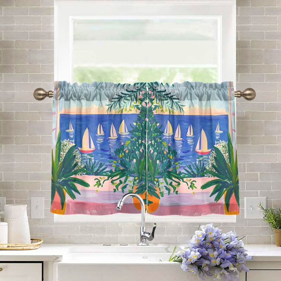 Yayeee Kitchen Curtains Tier Pair Light Filtering 27"x24" Rod Pocket Short Cafe Window Panel, Boat Seaside