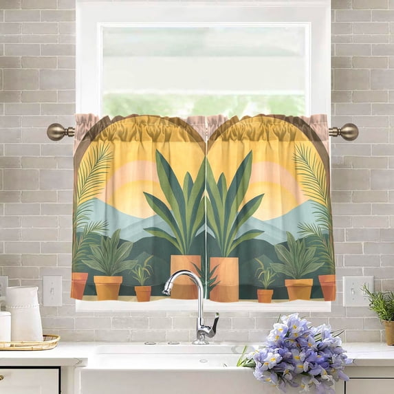 Yayeee Kitchen Curtains Tier Pair Light Filtering 27"x24" Rod Pocket Short Cafe Window Panel, Boho Plants