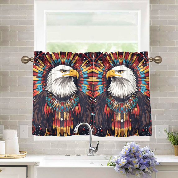 Yayeee Kitchen Curtains Tier Pair Light Filtering 27"x24" Rod Pocket Short Cafe Window Panel, Brown Abstract Eagle