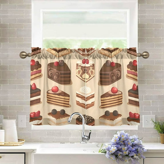 Yayeee Kitchen Curtains Tier Pair Light Filtering 27"x24" Rod Pocket Short Cafe Window Panel, Brown Cakes