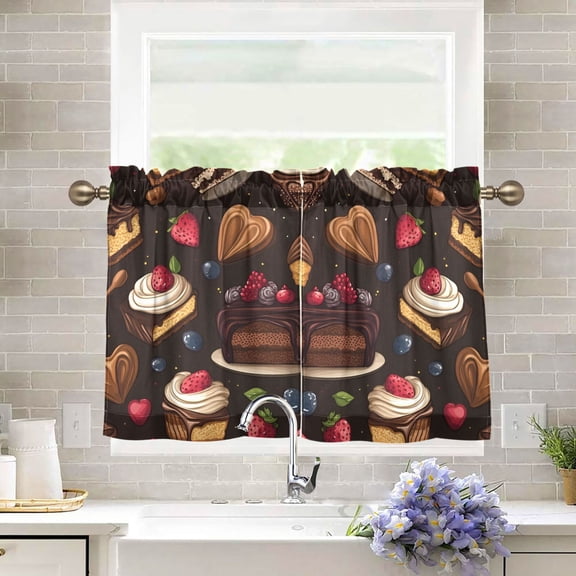Yayeee Kitchen Curtains Tier Pair Light Filtering 27"x24" Rod Pocket Short Cafe Window Panel, Chocolate Cakes