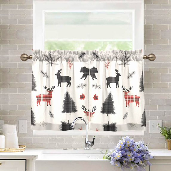 Yayeee Kitchen Curtains Tier Pair Light Filtering 27"x24" Rod Pocket Short Cafe Window Panel, Christmas Plaid Deer