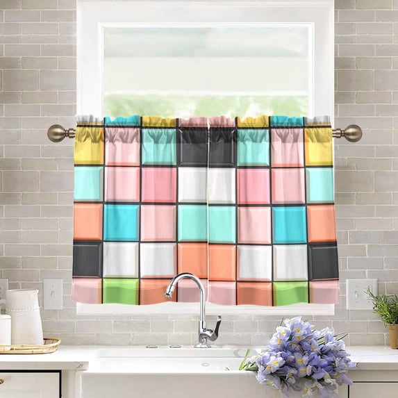Yayeee Kitchen Curtains Tier Pair Light Filtering 27"x24" Rod Pocket Short Cafe Window Panel, Colorful Checkered Pattern