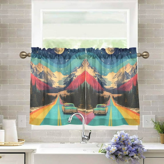 Yayeee Kitchen Curtains Tier Pair Light Filtering 27"x24" Rod Pocket Short Cafe Window Panel, Colorful Road