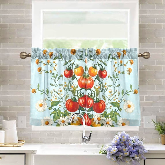 Yayeee Kitchen Curtains Tier Pair Light Filtering 27"x24" Rod Pocket Short Cafe Window Panel, Colorful Tomatoes
