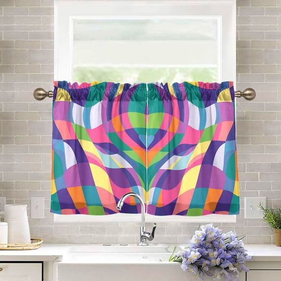 Yayeee Kitchen Curtains Tier Pair Light Filtering 27"x24" Rod Pocket Short Cafe Window Panel, Colorful Wavy Pattern