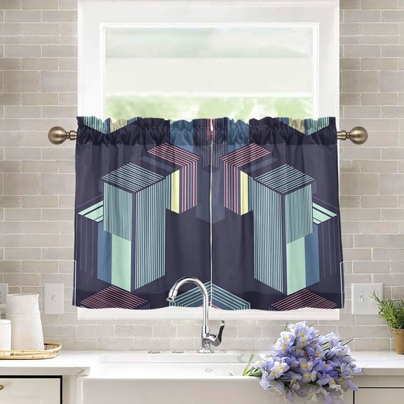 Yayeee Kitchen Curtains Tier Pair Light Filtering 27"x24" Rod Pocket Short Cafe Window Panel, Cube Stripes