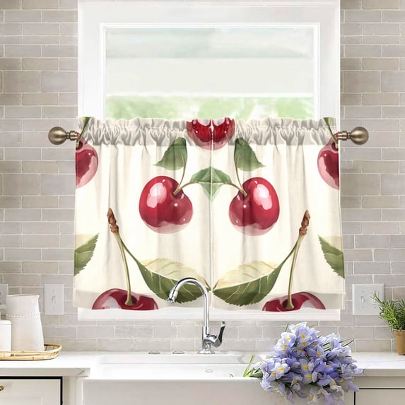 Yayeee Kitchen Curtains Tier Pair Light Filtering 27"x24" Rod Pocket Short Cafe Window Panel, Cute Cherry