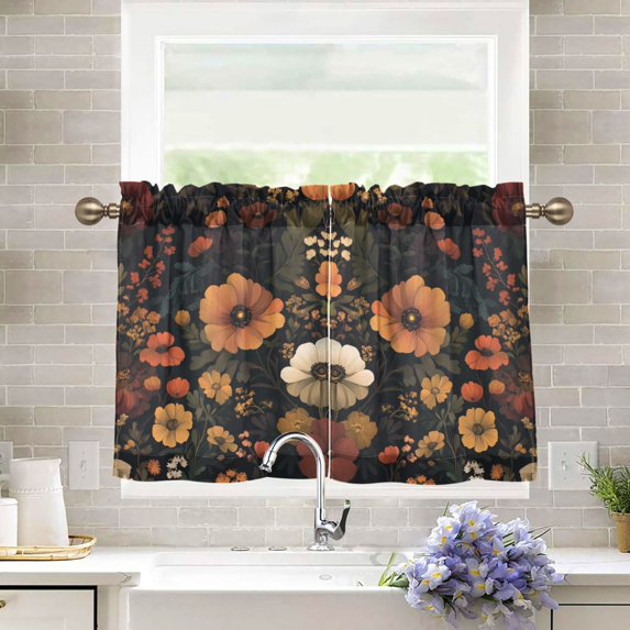 Yayeee Kitchen Curtains Tier Pair Light Filtering 27"x24" Rod Pocket Short Cafe Window Panel, Dark Floral Pattern