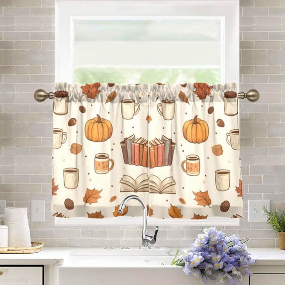 Yayeee Kitchen Curtains Tier Pair Light Filtering 27"x24" Rod Pocket Short Cafe Window Panel, Fall Beige Pumpkin