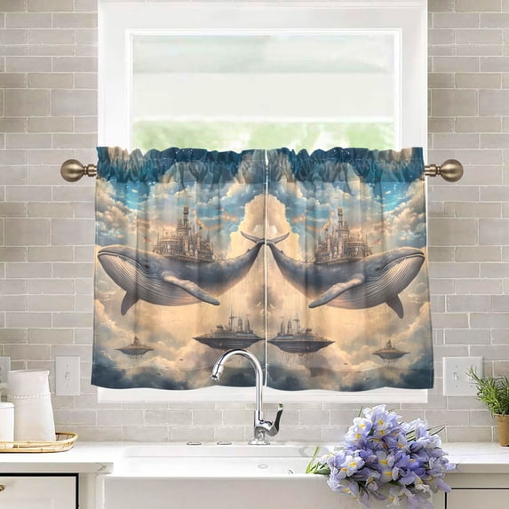 Yayeee Kitchen Curtains Tier Pair Light Filtering 27"x24" Rod Pocket Short Cafe Window Panel, Floating Whale