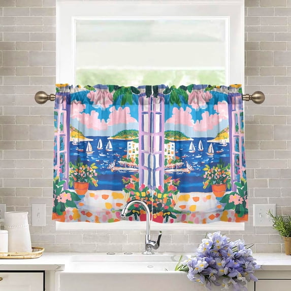 Yayeee Kitchen Curtains Tier Pair Light Filtering 27"x24" Rod Pocket Short Cafe Window Panel, Floral Window